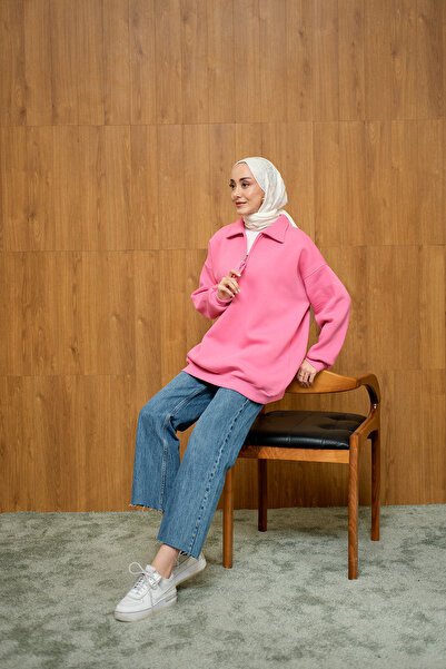 LOCCO Ροζ γυναικείο φούτερ - Λεπτομέρεια με μισό φερμουάρ