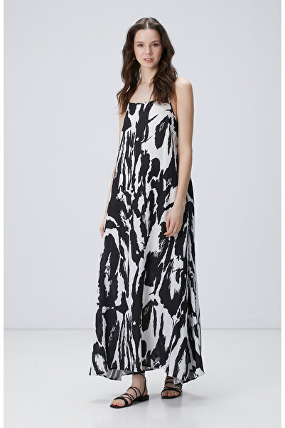 Network Siyah Beyaz Desenli Keten Elbise