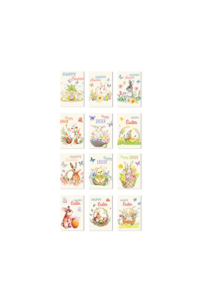 Rotixfy Set 12 Greeting Cards for Easter – Thematic Decorations with Bunnies, Eggs, and Baskets with Flowe
