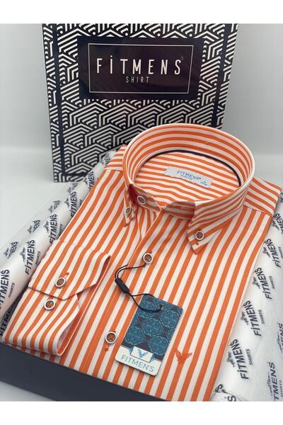 Fitmens Slim Fit Long Sleeve Lycra Striped Collar Buttoned Gift Boxed Men's Shirt Fs-003669 - Orange
