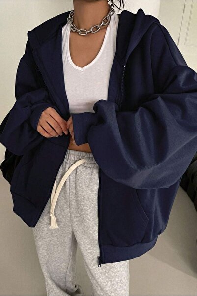 Trendseninle Kadın Lacivert Kapüşon Detay Fermuarlı Hırka