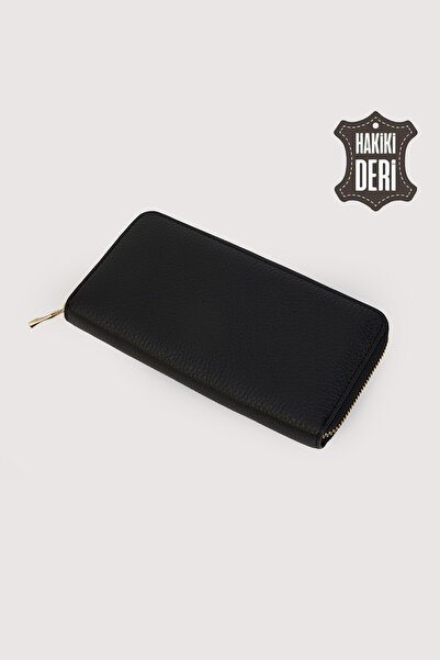 SİMORE محفظة نسائية كبيرة الحجم من الجلد الطبيعي بسحاب باللون الأسود SMR5108