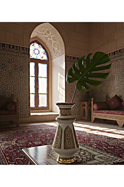 DECOSTYLE Selçuklu Desenli El İşçiliği Krem Cam Vazo - Gold İşlemeli Lüks Dekoratif Obje