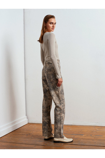 Dilvin 72067 Batik Patterned Denim Trousers-Khaki