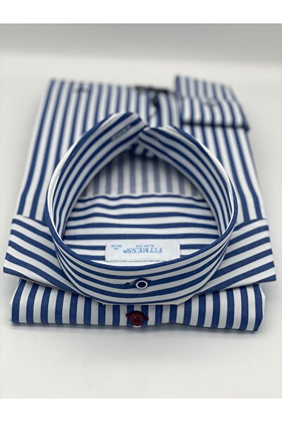 Fitmens Slim Fit Uzun Kol Likralı Çizgili Yaka Düğmeli Hediye Kutulu Erkek Gömlek FS-003669 - Saks Mavi