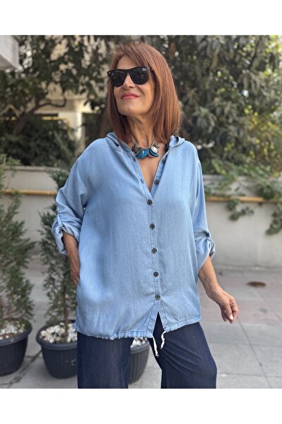 DenizEge Liyosel Back Embroidered Hooded Denim Shirt