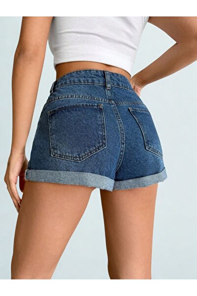 1434 Polo State Kadın Yüksek Bel Katlamalı Paça Denim Şort Mavi