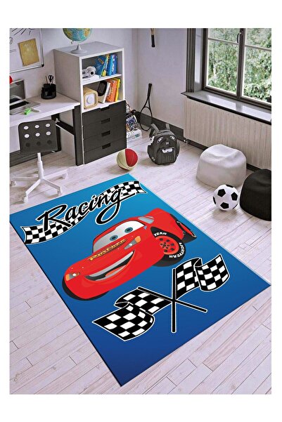 STY Home Arabalı Çocuk Kaymaz Tabanlı Halı Makinede Yıkanabilir Halı Yolluk Mavi