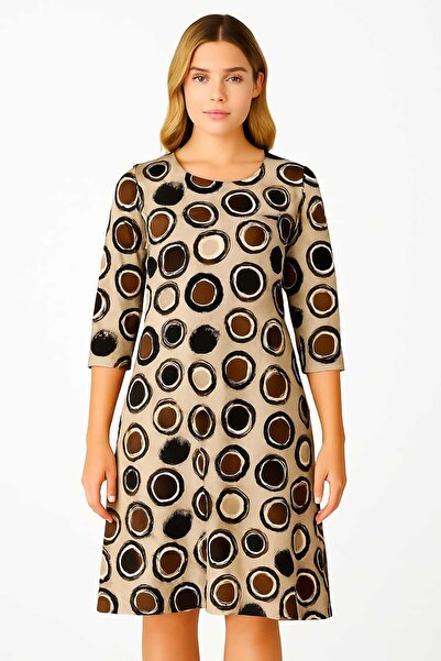 Şans Γυναικείο φόρεμα μίντι από βισκόζη μεγάλου μεγέθους βιζόν, με λαιμόκοψη, με μανίκια τριών τετάρτων 65N39157