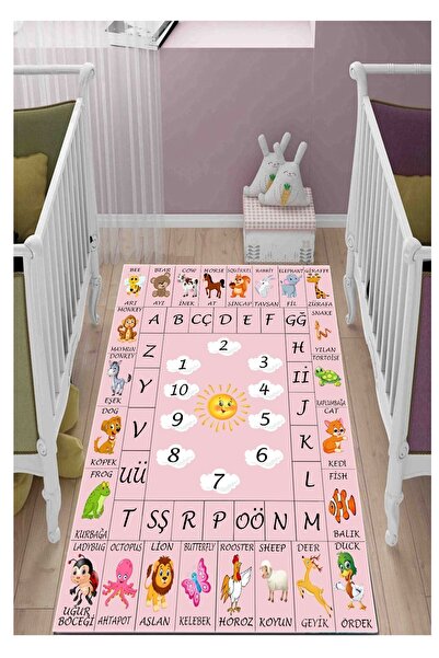STY Home Öğretici Ingilizce Çocuk Oyun Halısı Kaymaz Makinede Yıkanabilir Eği...