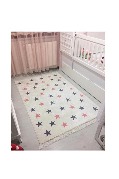 STY Home Yıldız Çocuk Kaymaz Tabanlı Yıkanabilir Halı Kilim Yolluk Pembe Gri