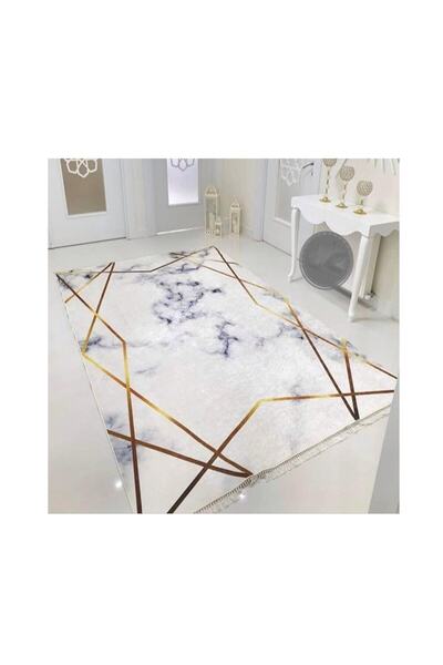STY Home Platin Capraz Kaymaz Tabanlı Yıkanabilir Halı Kilim Yolluk Beyaz