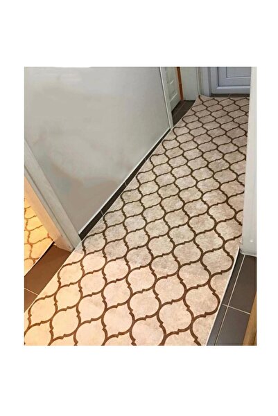 STY Home Kupa Kaymaz Tabanlı Yıkanabilir Halı Kilim Yolluk Krem Kahve
