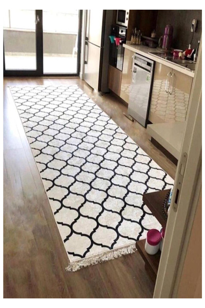 STY Home Kupa Kaymaz Tabanlı Yıkanabilir Halı Kilim Yolluk Beyaz Siyah