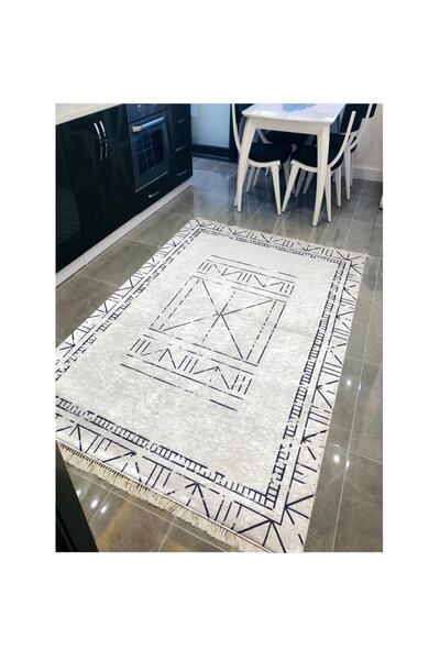 STY Home Hitit Silik Kaymaz Tabanlı Yıkanabilir Halı Kilim Yolluk Beyaz/siyah