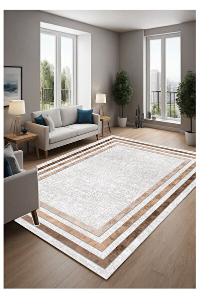 STY Home Krem Kahverengi Dijital Baskı Halı Kaymaz Tabanlı Yıkanabilir Halı Y...