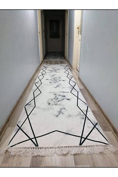 STY Home Platin Capraz Kaymaz Tabanlı Yıkanabilir Halı Kilim Yolluk Beyaz Siyah