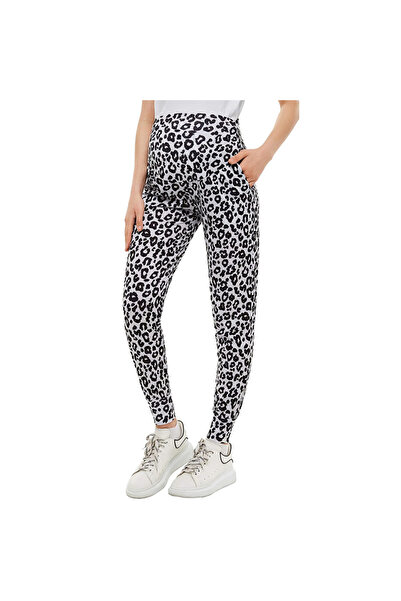 Rotixfy Maternity Pants, White Leopard, XL, Belly Support, Casual Pants with Pockets for Women