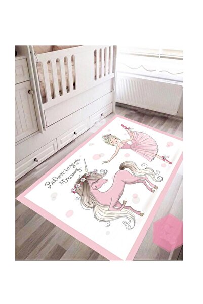 STY Home Balerin Kız Çocuk Kaymaz Tabanlı Yıkanabilir Halı Kilim Yolluk Pembe...