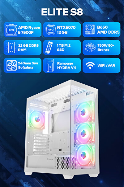 Game Garaj Elite S8 AMD Ryzen 5 7500F 32GB RAM 1TB SSD RTX5070 240mm Sıvı Soğutma FreeDOS Oyuncu Tav
