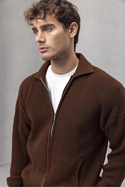 Valiberta Coppola Thessaloniki Knitted Polo Collar Pocket Zippered Comfortable Fit Men's Knitwear Cardigan - Brown