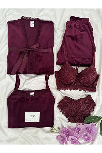 Lena Homewears Γυναικείο Σετ Πιτζάμες με Βελούδινο Φόρεμα και Εσώρουχα Plum