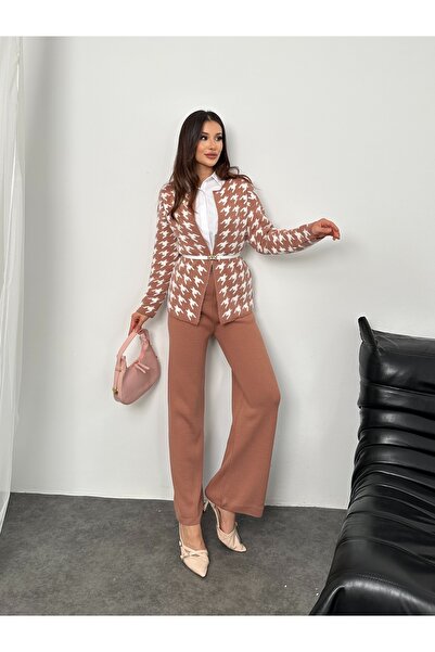 Hatun Atila Hatunatila Goose Feet Patterned Knitwear Double Set Rose - 3028