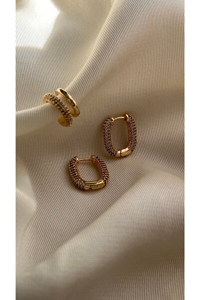 Vi store Altın Kaplama Taşlı Oval Küpe