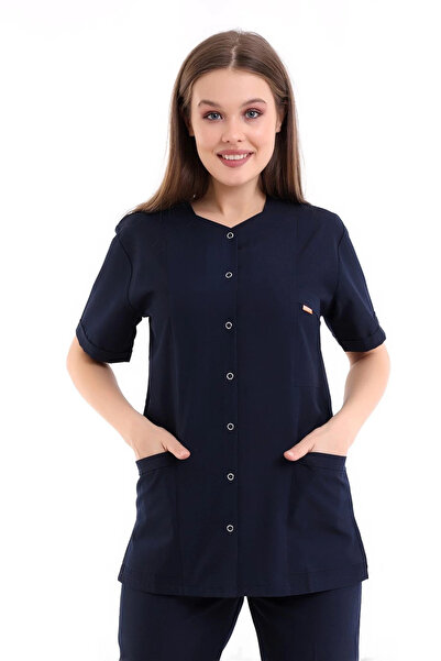 Bilenn Tekstil بلوزة نسائية ذات ياقة خماسية - 47 أزرق داكن