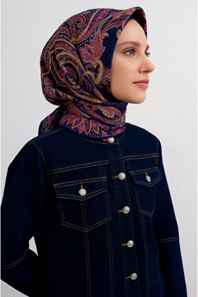 Vissona 100% twill de mătase șal cu model bleumarin - culoare portocaliu 90x9...