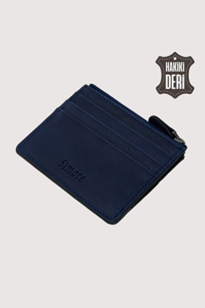 SİMORE محفظة حامل بطاقات من الجلد الطبيعي بسحاب باللون الأزرق الداكن SMR9047