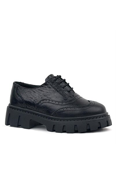 Rakerplus Black Wrinkled Patent Leather Genuine Leather Laced Oxford Casual Shoes