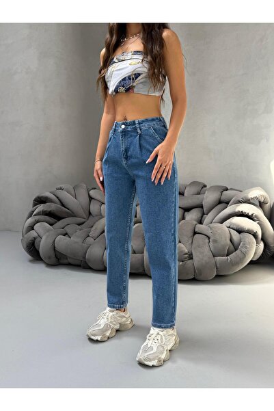 BİKELİFE Women's High Waist Boyfriend Lycra Pleated Mom Jeans
