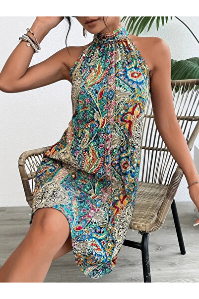 Moda Loris Women's Patterned Sleeveless Halter Neck Midi Single Jersey Dress