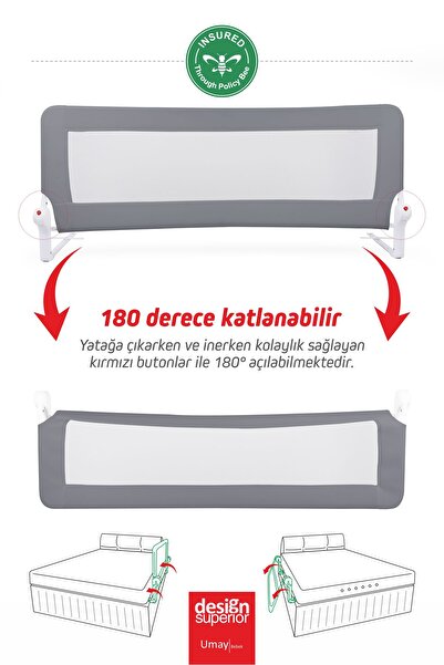 Umaybebek Umay 150Cm Yatak Bariyeri, Yatak Korkuluğu, Koruyucu - Gri