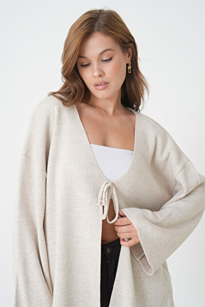 minaaise Women's Ecru Knitwear Front Tie Wide Cut Cardigan 6246