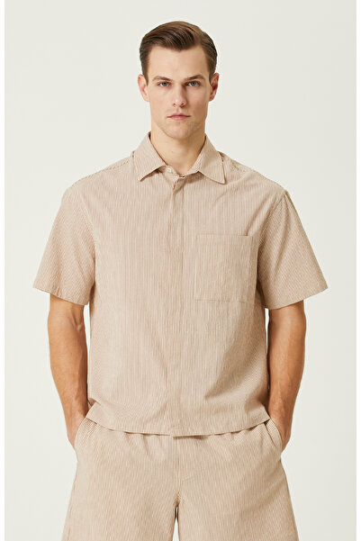 Network Bej Çizgili Keten Gömlek