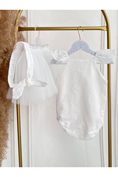 Hobidik Bebek Çocuk Beyaz Fisto Kumaş Romper Tulum Etekli Elbise Bant Seti