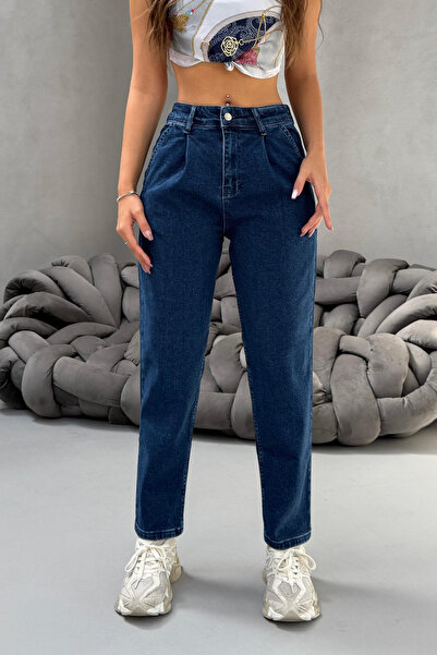 BİKELİFE Boyfriend-Lycra-Plissee-Mom-Jeans für Damen mit hoher Taille