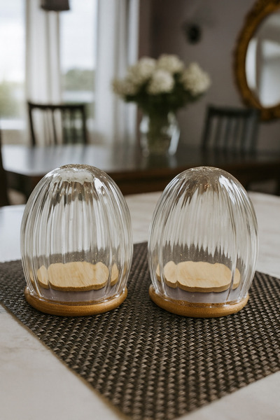 Gülümseten Avm 2 li Bambu Kapaklı Çizgili Cam Tuzluk Karabiberlik – Borosilik...