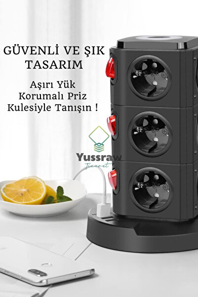 Yussraw Yeni Akım Korumalı 2.4a Kule Priz Kablosuz Şarj Istasyonu 12x Soketli 2×type-c 1x Usb çıkışı