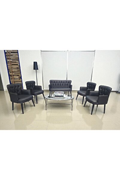 ARYANS HOME Siyah Deri Ahşap Ayaklı Ofis Koltuk Takımı Büro Koltuk Ve Kanepel...
