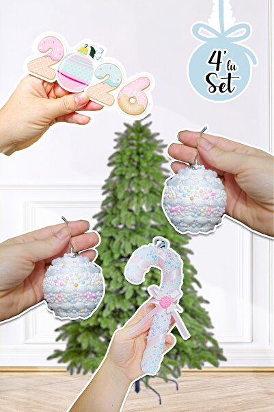 PEKSHOP Set de ornamente pentru brad de Crăciun în culorile Macarons 2025 scris, minge Macarons și ornament pentru baston, pachet de 4