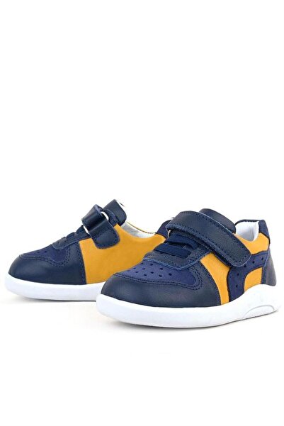 Rakerplus Genuine Leather Navy Blue Yellow Anatomical Baby Sneakers