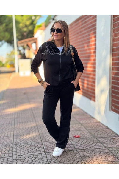 Silerra    Women's Two Thread Fabric Double Set with Sequin and Zipper Detail