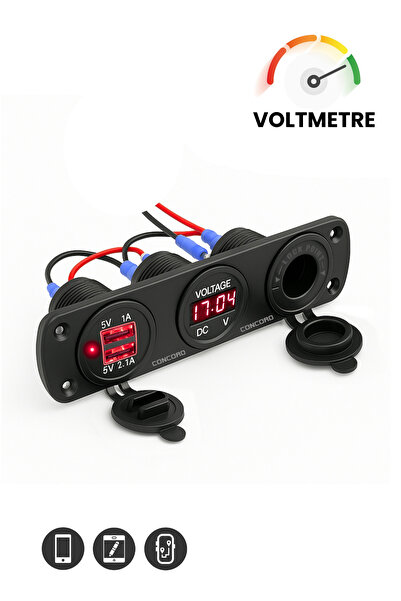 MARİNE TOWN Usb Şarj Voltmetre Soketi, Tekne Ve Karavan 3'lü Usb Seti