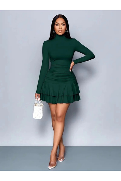 Genel Markalar Kadın Uzun Kollu Balıkçı Yaka Mini Fırfırlı Sandy Elbise