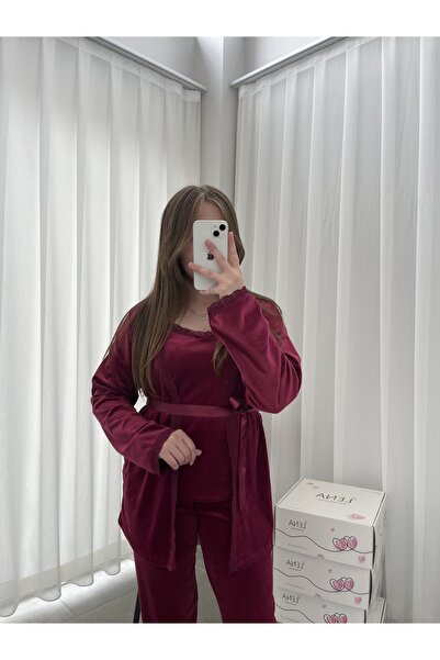 Lena Homewears Női pizsama szett bordó bársony pongyolával