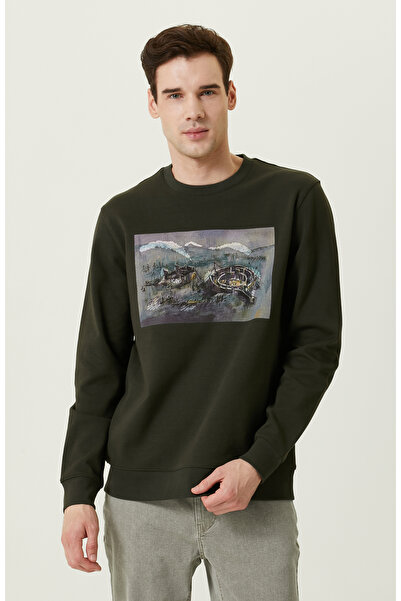 Network Nakışlı Haki Bisiklet Yaka Sweatshirt