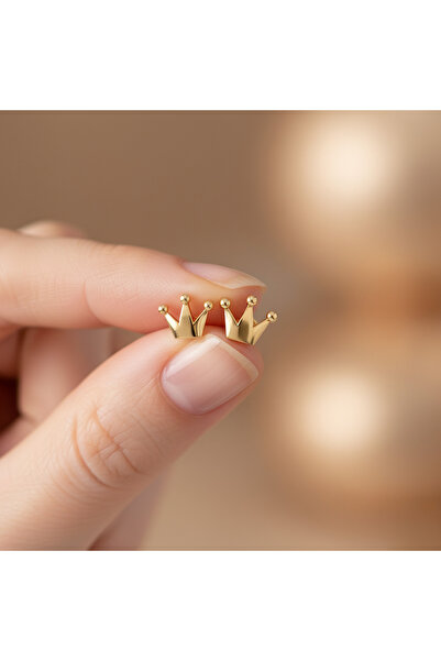 İNDİGO TAKI Minik Sade Kraliçe Tacı Altın Kaplama Gümüş Küpe